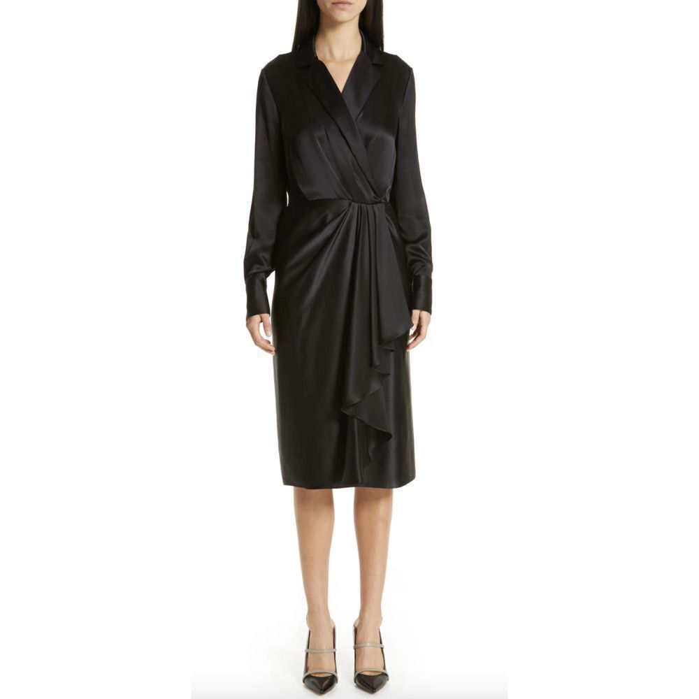 NWT Jason Wu Resort 2019 Black 100% Silk Wrap Midi Dress Size 16 Nordstrom $1895